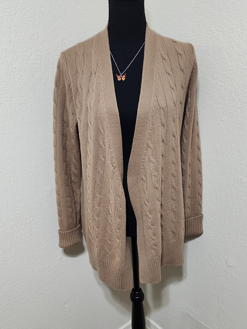 Brooks Brothers Lambswool Cable Knit Open Front Cardigan Sweater Tan Sz M EUC
